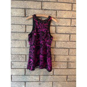 Trina Turk Sleeveless Dress Black & Fuchsia Floral Print Beaded Neckline Size 10